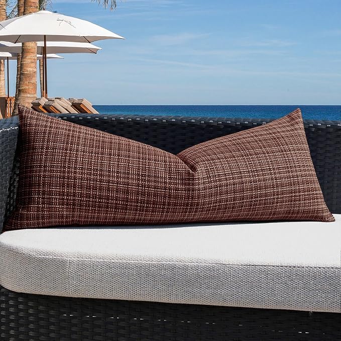 Kevin Textile Outdoor Waterproof 14"x36" Lumbar Pillow Cover 1 Pack Coffee | Water Resistant, Faux Linen Yarn-dyed, Woven Texture Throw Pillow Covers for Tent Patio Garden Couch Sofa