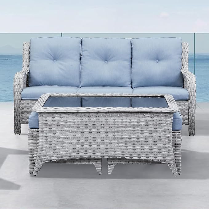Belord Outdoor Coffee Table with Tempered Glass Top, Patio Rectangular Light Grey Wicker Table, Handwoven Rattan Coffee Table Compatible with Patio Furniture Sets for Porch Deck Backyard