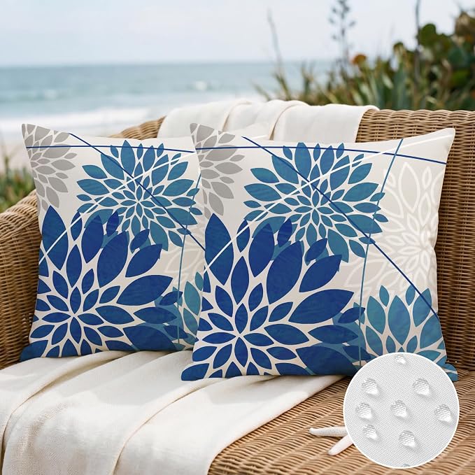 OTOSTAR Outdoor Blue Pillow Covers 20x20 Inch Set of 2 Beige White Flower Throw Pillows Farmhouse Geometric Dahlia Floral Square Cushion Case Waterproof Decor for Sofa Patio Funiture Garden