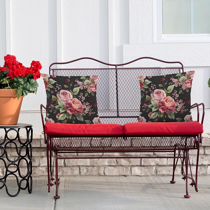 Swono Rose Throws Pillows Covers for Couch, Retro Blossom Rose Flowers Decorative Pillow Cases for Men Women, Comfortable Pillow Cushion Cover Pack of 2 18"X18" for Home Sofa Bed, Black Red