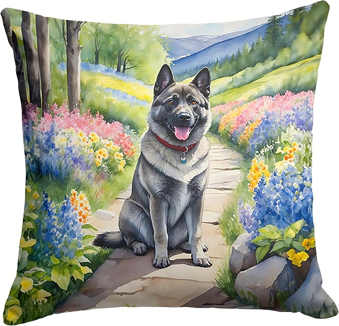 Caroline's Treasures Norwegian Elkhound Spring Path Throw Pillow Machine Washable, Indoor Outdoor Decorative Pillow for Couch, Bed or Patio, 14Hx14W