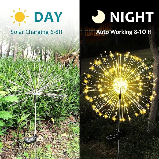 Solar Firework Lights, 4 Pack 120 LEDs 2 Lighting Modes Solar Garden Lights Outdoor Waterproof for Yard Patio Walkway Pathway Party Wedding Christmas Decorative - Warm White