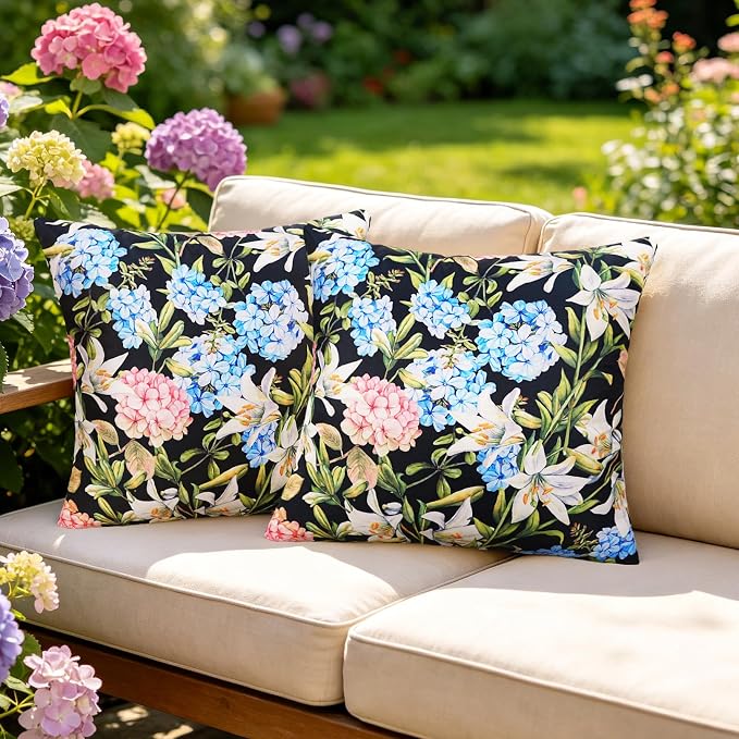 Merrycolor Pack of 2 Outdoor Waterproof Throw Pillow Covers 18x18 Summer Blue Pink Hydrangea Floral Decorative Square Pillowcase Outdoor Pillow Covers for Patio Furniture Garden