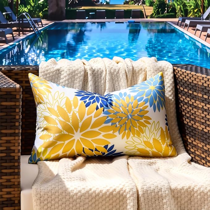 Set of 2 Yellow and Blue Dahlia Throw Pillow Covers 12x20 Inch Outdoor Pillows Waterproof Cushion Covers Decorative Spring Summer Pillowcases for Sofa Bedroom Patio Garden Farmhouse Decor