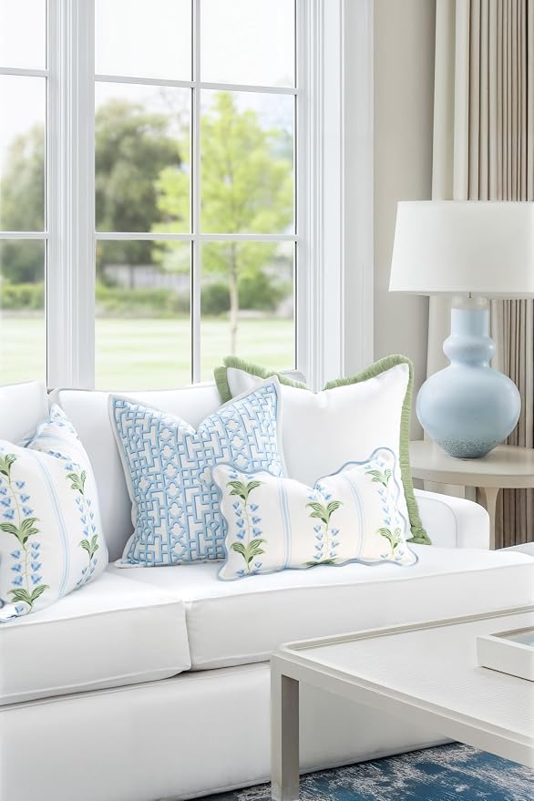 Hofdeco Premium Grandmillennial Coastal Hampton Patio Indoor Outdoor Lumbar Pillow Cover Only, 12"x20" Water Repellent for Backyard, Couch, Poolside, Blue Green Print Striped Lily of the Valley