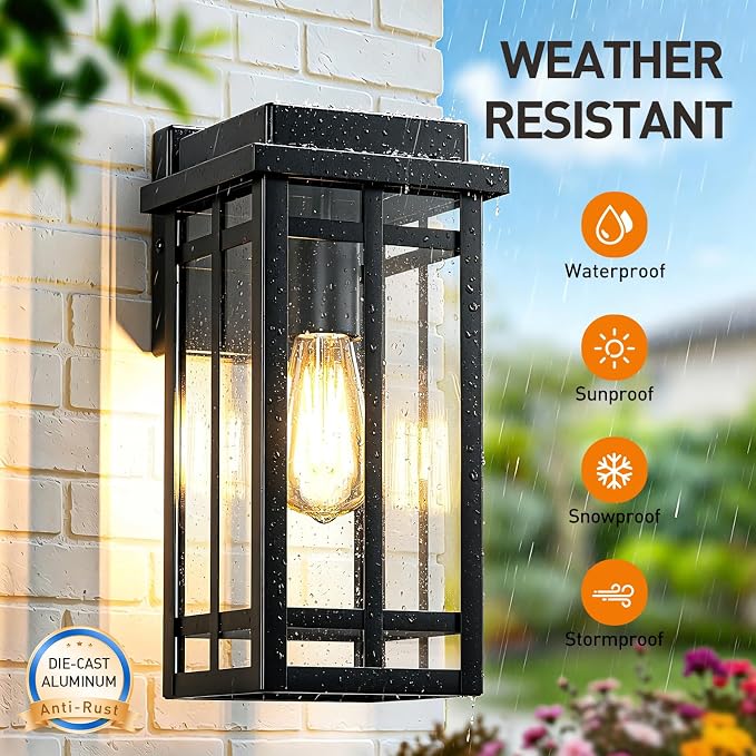 12'' Outdoor Wall Lights 2 Packs, Black Porch Light Outdoor Lighting | Waterproof Exterior Lighting Fixtures Sconce Lanterns, Modern Outside Lights for House Garage Front Door Patio (No Sensor)