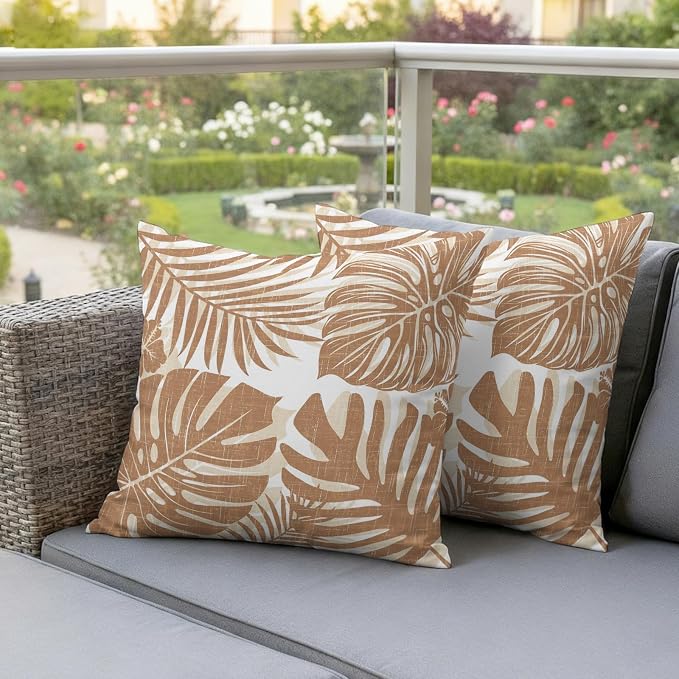 Brown Palm Leaves Outdoor Pillow Covers 18"x18" Set of 2, Tropical Botanical Minimalist Modern Waterproof Throw Pillow Covers for Patio Furniture, Decorative Cushion Covers for Porch