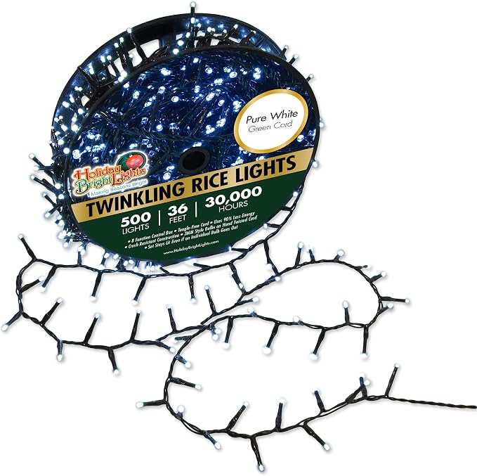 Holiday Bright Lights Rice Lights 36FT, 500 Twinkling LEDs, Connectable Indoor/Outdoor Decorative String Lighting, Pure White Glow