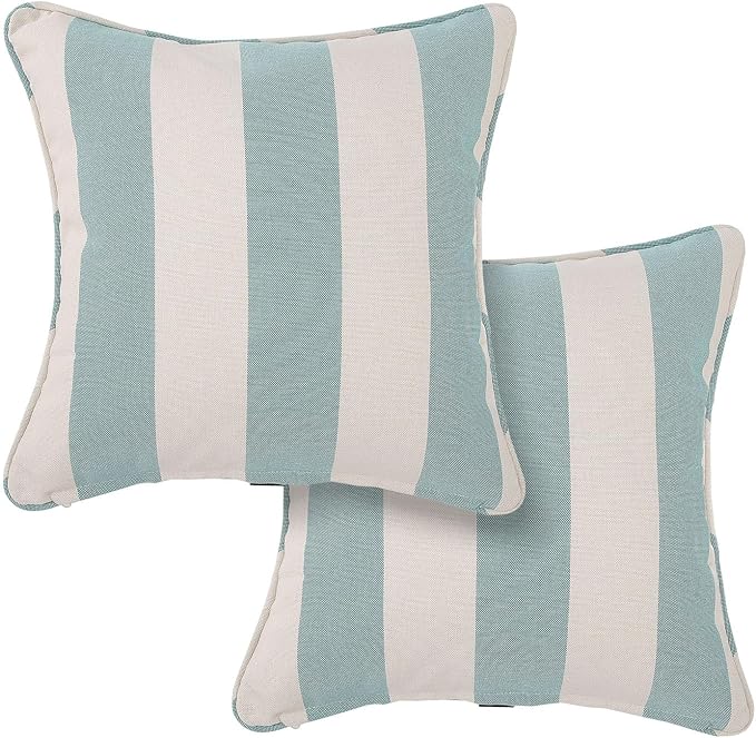 Outdoor Throw Pillow with Insert 18x18 Inch, Set of 2, Piping Edge Waterproof Fade Resistant Decorative Fluffy Pillows for Patio Furniture Chair Bench Couch Sofa - Teal Ivory Striped