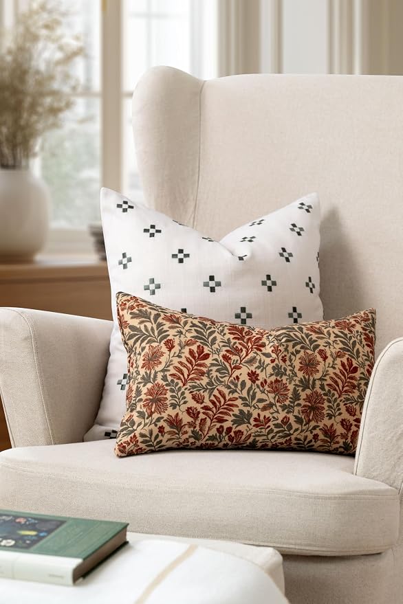 Modern Farmhouse California Casual Indoor Outdoor Throw Pillow Cover, 20"x20" Water Repellent for Patio, Backyard, Couch, Poolside, Neutral Green Embroidered Small Squares