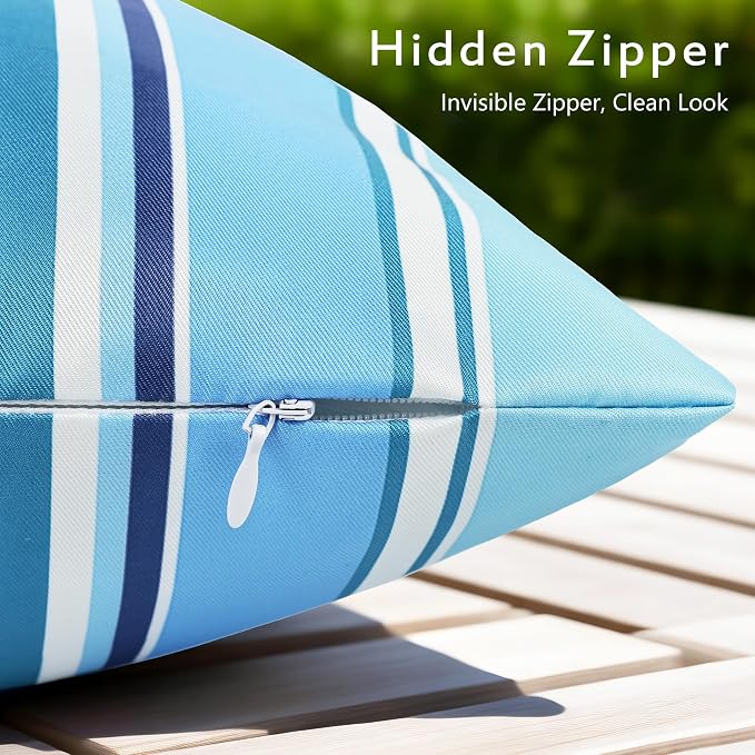 Waterproof Outdoor Pillow Covers 12x20 Inch Set of 2, Light Blue Stripe Decorative Throw Pillow Cover, Modern Farmhouse Cushion Cases for Spring Summer Patio Garden Porch Balcony Beach Sofa