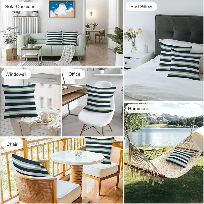 Green Navy Blue Striped Outdoor Pillow Covers Waterproof, All Weather Cushion Case Set of 2, Chic Abstract Lines Geometric Decorative Pillowcases for Sofa Couch Bed Decor Patio Furniture 16"x16"