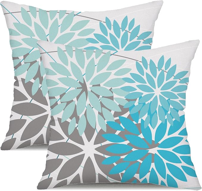 DFXSZ Pack of 2 Outdoor Waterproof Throw Pillow Covers 20x20 LightBlue Grey | Polyester Colorful Spring Summer Floral Decorative Cushion Cases(NO INSERT),For Couch Patio Funiture Garden Home Decor