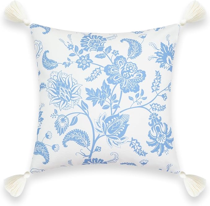 Hofdeco Premium Coastal Patio Indoor Outdoor Pillow Cover Only, 18"x18" Water Repellent for Backyard, Couch, Cornflower Blue Floral Tassel