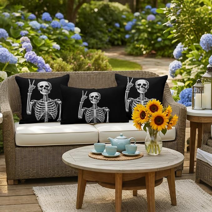 Halloween Skeleton Outdoor Pillow Covers 16x16 Inch Throw Pillow Covers Set of 2 Waterproof Decorative Pillow Cases Retro Funny Skull Abstract Black Cushion Covers for Patio Furniture Garden Couch