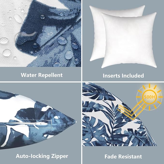 LVTXIII Outdoor Throw Pillows, Decorative Throw Pillows with Inserts, 20"x20" Square Pillows for Bed, Couch, Sofa and Patio Furniture, Set of 2, Palm Blue