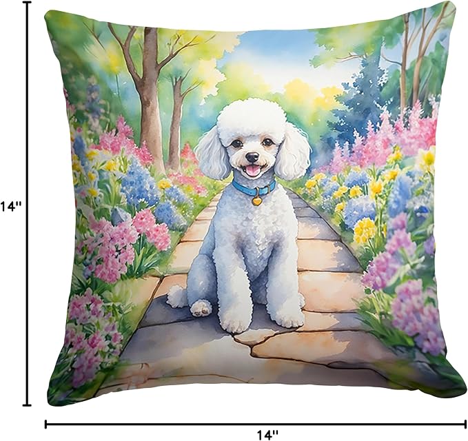 Caroline's Treasures White Poodle Spring Path Throw Pillow Machine Washable, Indoor Outdoor Decorative Pillow for Couch, Bed or Patio, 14Hx14W