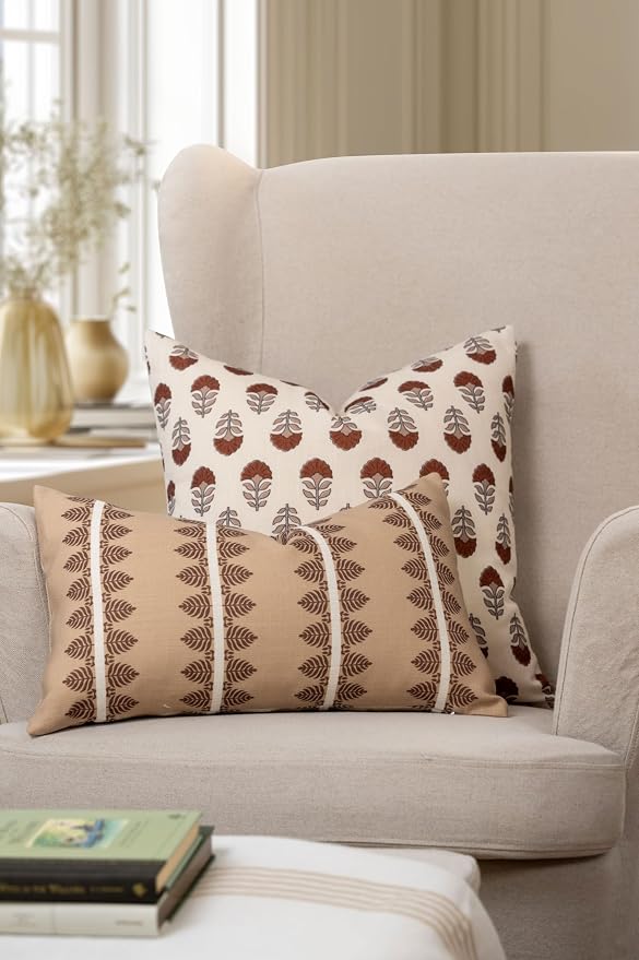 Crumbs Home Modern Farmhouse California Casual Indoor Outdoor Lumbar Pillow Cover, 12"x20" Water Repellent for Patio, Backyard, Couch, Poolside, Earth Tone Cocoa Brown Tan Print Leaves Stripes