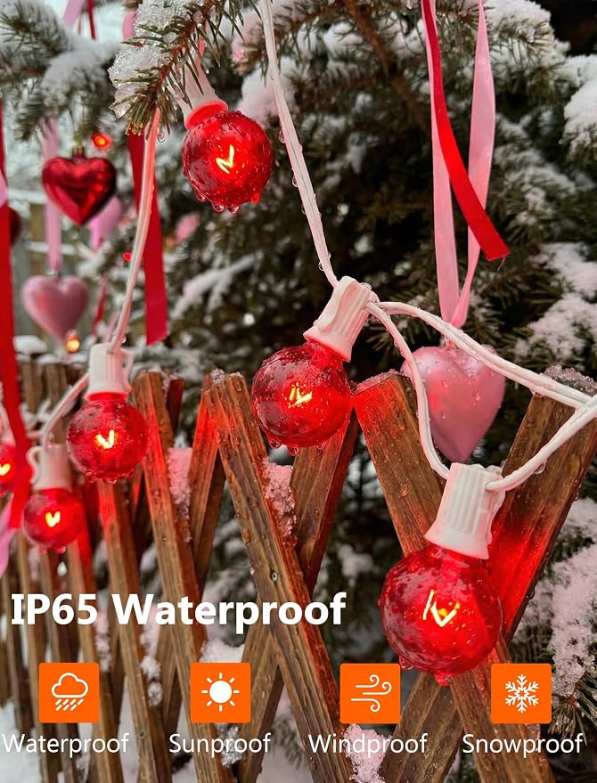 G40 Valentine’s Day Red Globe String Lights, 25Ft Outdoor Valentines Day Decorations Lights with 27 Incandescent Red Bulbs, Hanging Christmas Lights Waterproof for Patio Wedding Party Garden Balcony