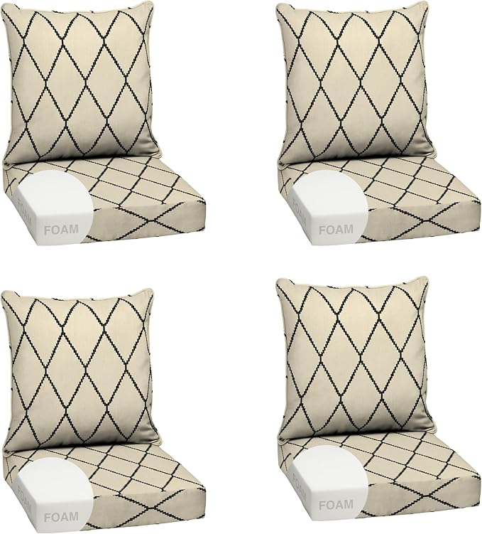 Arden Outdoor Deep Seat Cushion Set, Foam, 4-Pack, 24x24, Tan Trellis | Sofa, Couch, Conversation Set, Premium High-Density Foam, Never Flattens, Mold and Mildew Resistant