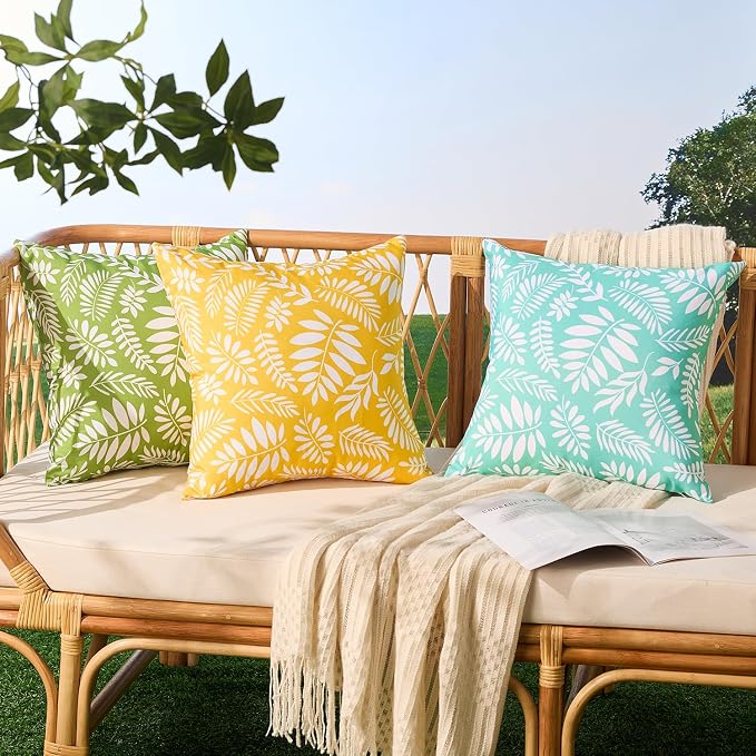 Allorry Outdoor Pillow Covers 18x18 Set of 2 Tropics Palm Leaves Yellow Floral Pattern Decoration Pillow Covers for Spring Summer Outdoor Waterproof Garden Patio Sofa Bedroom Home Decor JB009-A18
