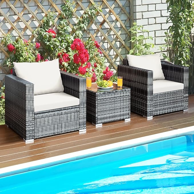HAPPYGRILL 3 PCS Patio Conversation Set Outdoor Rattan Wicker Sofa Set with Coffee Table Patio Furniture Set with Soft Cushions for Balcony Porch Backyard Garden