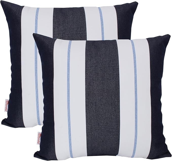 Outdoor/Indoor Sunbrella Throw Pillow Cover Only Square Set of 2 Pieces 20 inch x 20 inch Relate Harbor Stripe - Insert Not Included, Navy