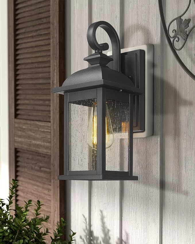 FEMILA Exterior Wall Sconce, 2 Packs Outdoor Waterproof Wall Lights Fixture, E26 Socket Wall Lantern for Porch, Anti-Rust Matte Black Finish with Seeded Glass Lampshade, 4FD54B-2PK BK