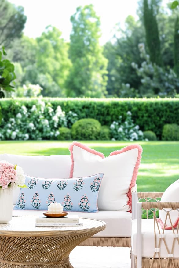 Hofdeco Premium Coastal Grandmillennial Patio Indoor Outdoor Lumbar Pillow Cover Only, 12"x26" Water Repellent for Backyard, Couch, Poolside, Baby Blue Pink Print Flower