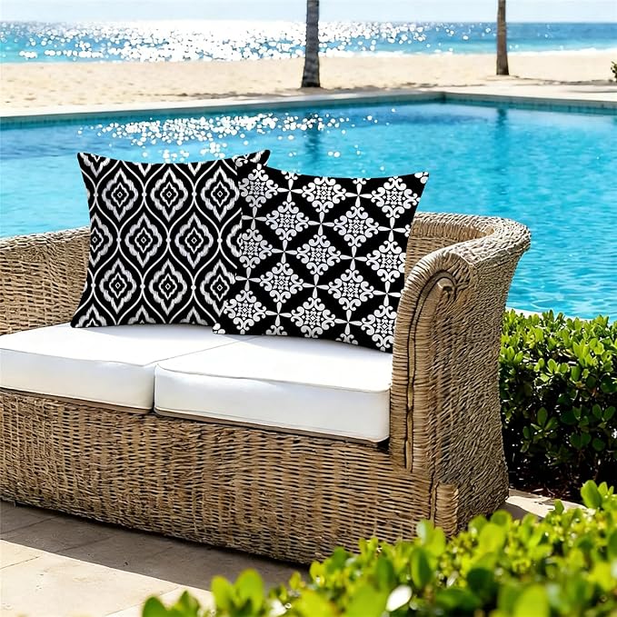 Outdoor Waterproof Throw Pillow Covers 20x20 Set of 4 Black and White Aesthetic Boho Decorative Cushion Cases for Patio Furniture Garden Porch Bench Couch Sunbrella