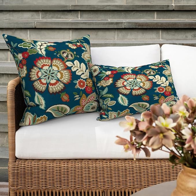 Outdoor 16x16 Inch Throw Pillow Covers Set of 2, All Weather Square Pillow Cases, Patio Cushion Pillow of Home Furniture Use, Peacock Blue