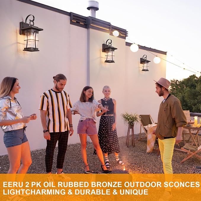 2 Pk Oil Rubbed Bronze Outdoor Sconces Light with Dusk to Dawn Sensor Photocell Exterior Porch Lanterns Outside Wall Lamps Waterproof Brown Metal with Seeded Glass Coach Light Fixtures for House