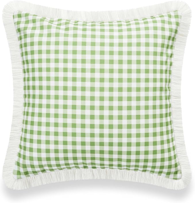 Hofdeco Premium Coastal Patio Indoor Outdoor Pillow Cover Only, 20"x20" Water Resistant for Backyard, Couch, Green Gingham Fringe