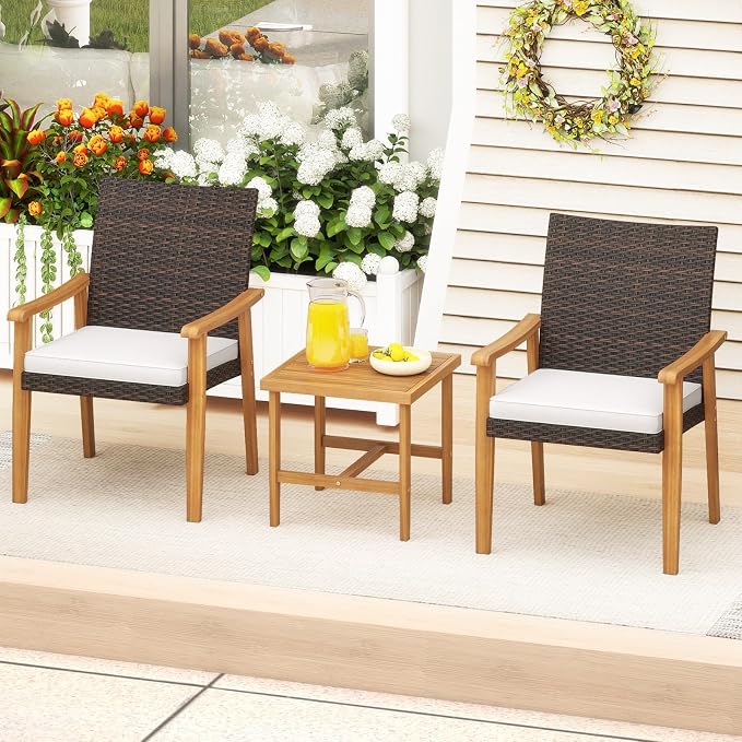 HAPPYGRILL 3 Piece Patio Furniture Set Acacia Wood Chair & Side Table Set with Rattan Seat & Back, Outdoor Wicker Bistro Conversation Set for Balcony, Porch, Backyard