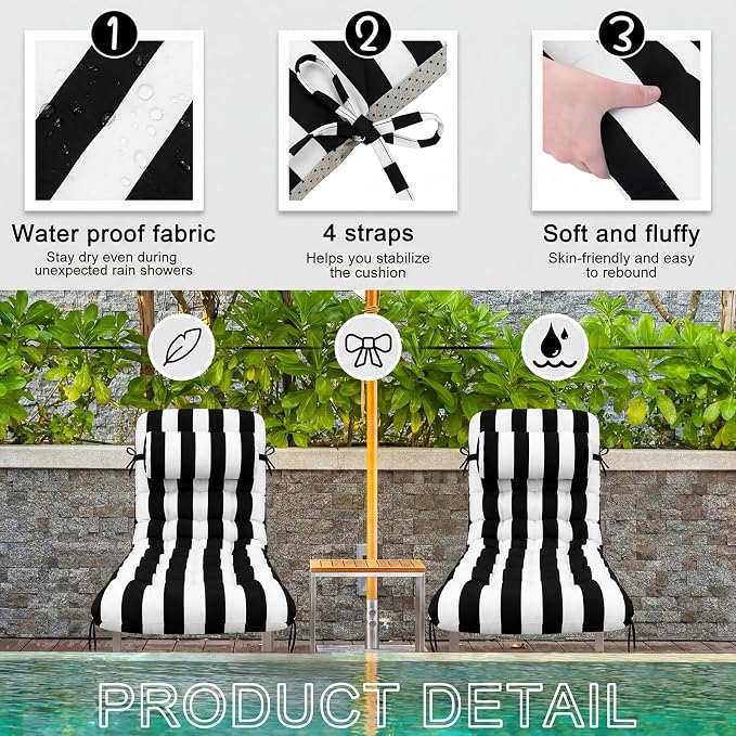 Tudomro Outdoor Chaise Lounge Cushion 66x21x4'' Waterproof & Fade-Resistant Patio Pool Chaise Lounge Cushion Headrest Pillow Tie Replacement Rocking High Back Chair(Black, White Stripe,1 Pcs)