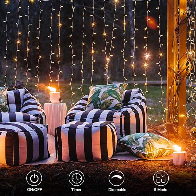 echosari 9.8ft×9.8ft Curtain Lights Battery Operated with Remote Warm White | 300 LED Hanging Light Timer Fairy Curtain Lights for Bedroom Patio Wedding Backdrop Party Decór
