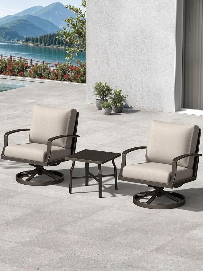 3-Piece Patio Furniture Set, Never-Rust Aluminum Swivel Patio Sofa Set with 2 Swivel Armchairs and Side Table, Patio Conversation Set with Cushions for Porch, Backyard, Poolside, Dark Bronze