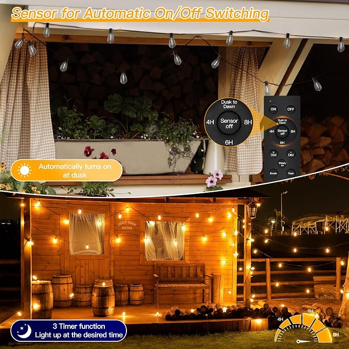 Ollny S11 50FT Outdoor String Lights with Remote, 3 Modes Dimmable Timers Waterproof Connectable Outside Lights, 24+2 LED Spare Bulbs Dusk to Dawn Hanging Light for Yard Balcony Camping Gazebo Garden