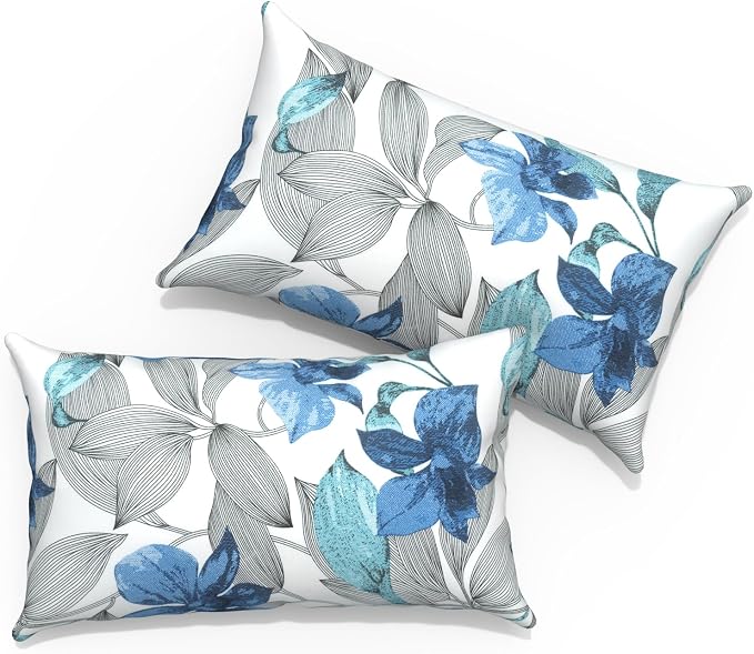Outdoor Lumbar Pillows 12x20 inch, Rectangle Throw Pillows with Inserts, Decorative Lumbar Cushions for Patio Furniture Garden Couch Home Sofa Office Chair, Pack of 2, Clemens Noir Blue