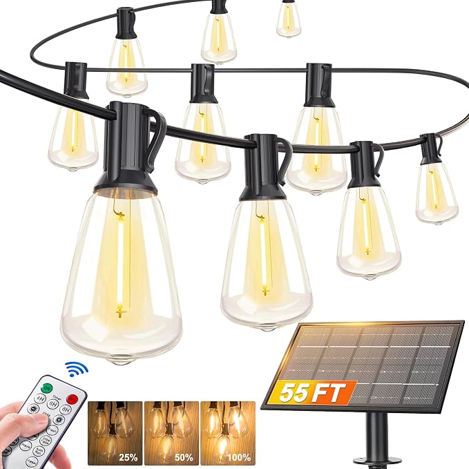 BLIATLUS 55FT Solar String Lights, Waterproof Outdoor with Remote 24+2 ST38 LED for Backyard Bistro Porch
