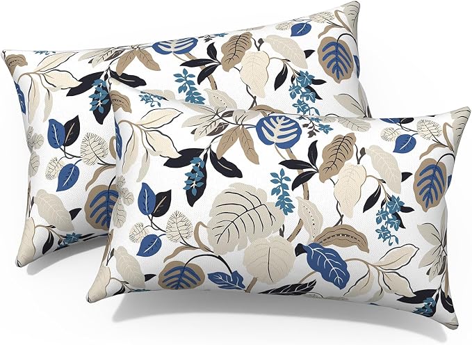 Pack of 2 Outdoor Lumbar Pillow Covers, All Weather Cushion Pillow Cases 12x20 Inch, Pillowcase for Patio Couch Decoration, Breeze Leaves Beige