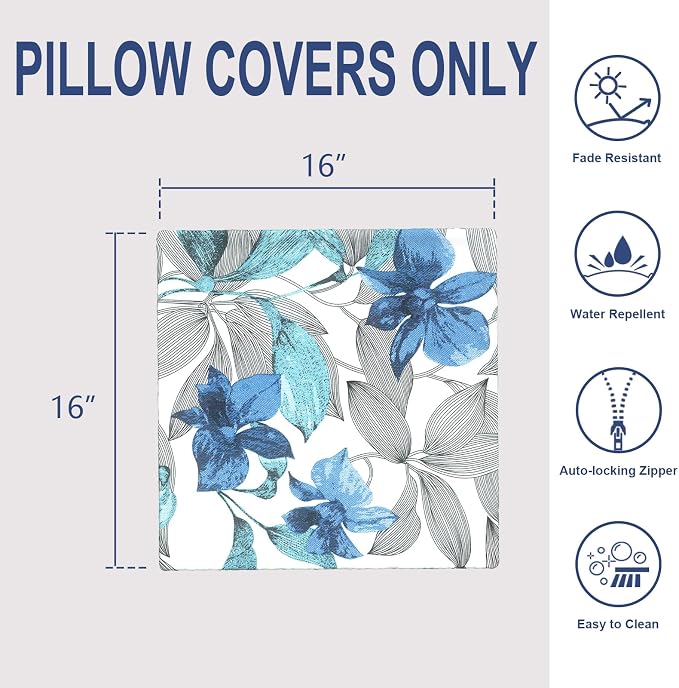 Outdoor 16x16 Inch Throw Pillow Covers Set of 2, All Weather Square Pillow Cases, Patio Cushion Pillow of Home Furniture Use, Clemens Noir Blue