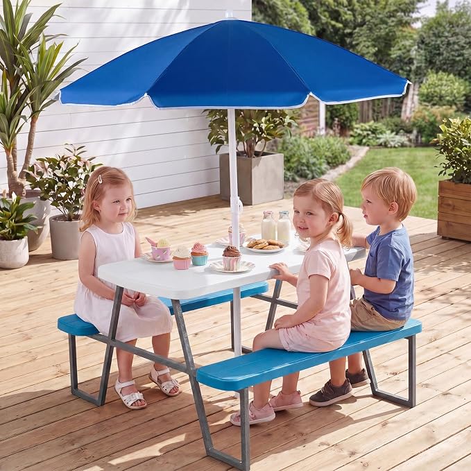 Costzon Kids Picnic Table, Toddler Outdoor Table & Bench Set with Removable Umbrella, HDPE Tabletop, Metal Frame, Kids Outdoor Furniture for Patio Backyard Garden, Fits 4 Children Age 3+ (Blue)