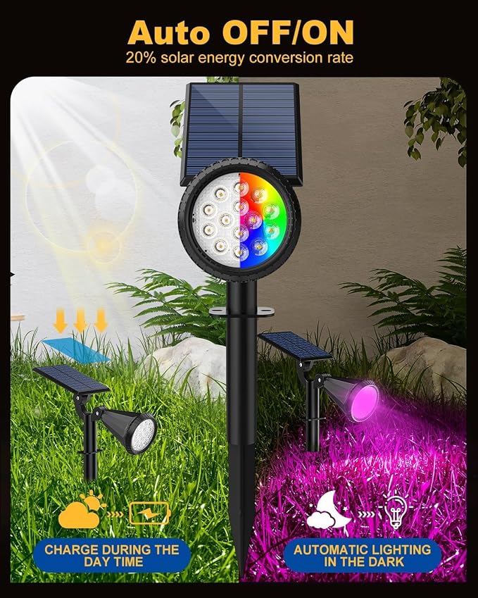 Solar Spot Lights Outdoor Color Changing, 7 Modes/14 LED Outdoor Solar Lights for Yard, Waterproof RGB Multicolor Solar Landscape Spotlights Auto On/Off for Flood, Yard, Tree, Pathway, 10 Pack