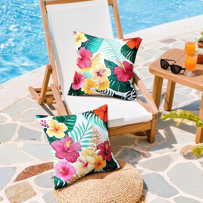 Outdoor Pillow Covers 20x20 Inch Set of 2, Tropical Floral Plants Boho Throw Pillows Cases Waterproof Square Garden Cushion Sham for Patio Funiture Tent Balcony Bench Sofa Couch, Yellow Green