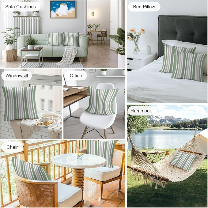 Sage Green Grey Stripe Outdoor Pillow Covers 16x16 Inch Throw Pillow Covers Set of 2 Waterproof Decorative Pillow Cases Farmhouse Minimalist Striped Cushion Covers for Patio Furniture Garden Couch