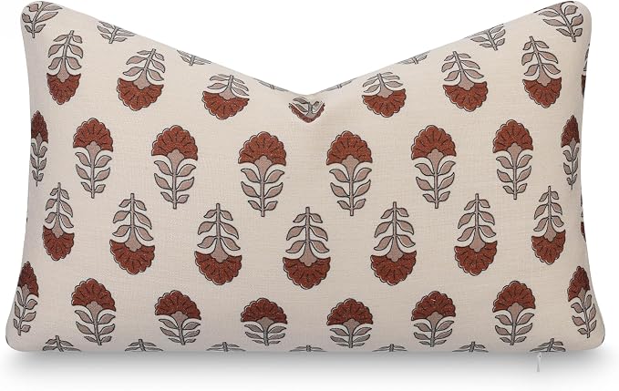 Crumbs Home Modern Farmhouse California Casual Indoor Outdoor Lumbar Pillow Cover, 12"x20" Water Repellent for Patio, Backyard, Couch, Poolside, Earth Tone Rust Orange Neutral Block Print Flowers