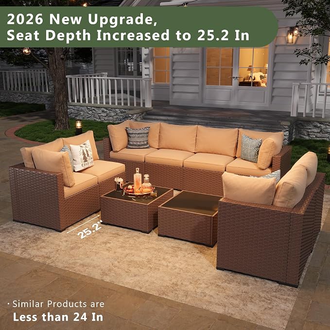 Aoxun 10 Piece Patio Furniture Set Wicker Rattan Patio Sectional Sofa Set Outdoor Seating Furniture with Thickened Cushion, Brown
