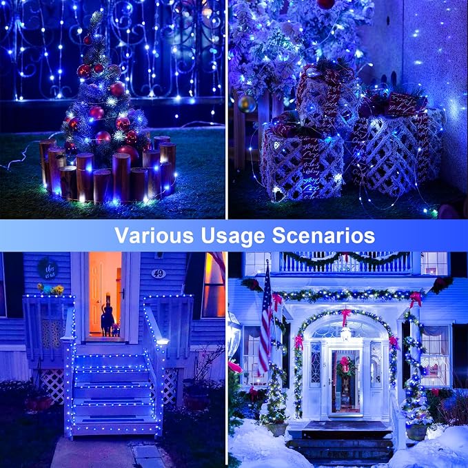 JMEXSUSS 2 Pack Solar Fairy Lights, Each 33FT 100 LED, Blue and White | Outdoor Waterproof, 8 Modes Copper Wire Solar String Lights for Outside Yard Patio Garden Christmas Decorations