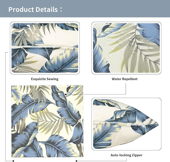 Outdoor Throw Pillow Covers 18x18 Inch, Decorative Pillow Covers for Patio Furniture, Lush Palm Blue Modern Cushion Cases for Garden Couch Home Sofa, Pack of 2